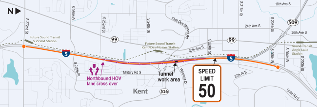 A map showing where the northbound HOV lane will crossover as well as where the 50 mph temporary speed limit will be adopted
